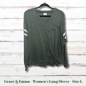 G&E Womens Size L Green Long Sleeve T Shirt V-Neck with Lace Accents Tie Front